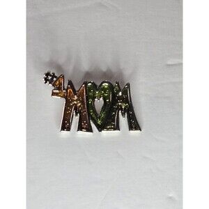 #1 Mom Pin Brooch Silver Tone Green Orange Sparkly